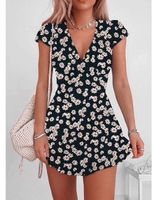 Kadın Kısa Kollu Kruvaze Yaka Papatya Baskılı Krep Elbise