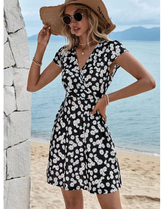 Kadın Kısa Kollu Kruvaze Yaka Papatya Baskılı Krep Elbise