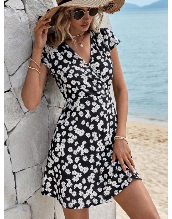 Kadın Kısa Kollu Kruvaze Yaka Papatya Baskılı Krep Elbise