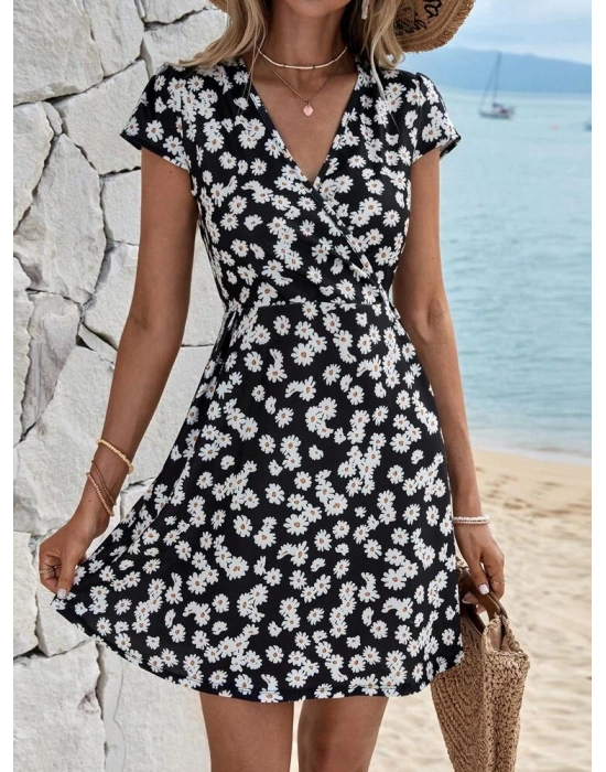 Kadın Kısa Kollu Kruvaze Yaka Papatya Baskılı Krep Elbise