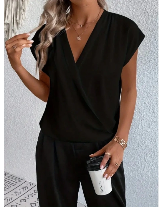 Kadın Kısa Kollu Kruvaze Yaka Yerli Krep Bluz