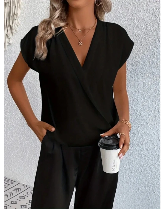 Kadın Kısa Kollu Kruvaze Yaka Yerli Krep Bluz