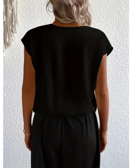 Kadın Kısa Kollu Kruvaze Yaka Yerli Krep Bluz