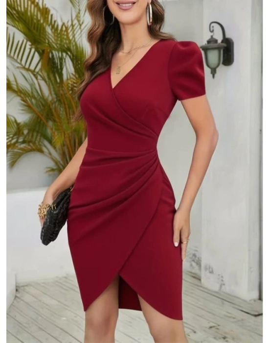 Kadın Kısa Kollu Kruvaze Yakalı Asımetrık Kesım Detaylı Kısa Ithal Krep Elbise