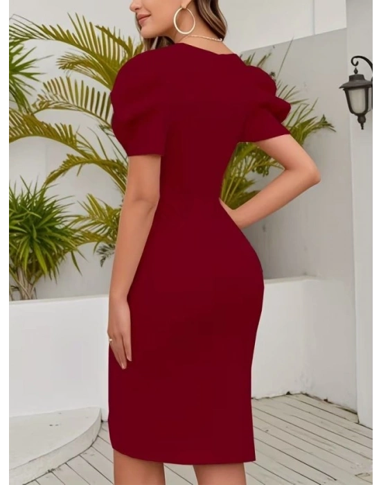 Kadın Kısa Kollu Kruvaze Yakalı Asımetrık Kesım Detaylı Kısa Ithal Krep Elbise