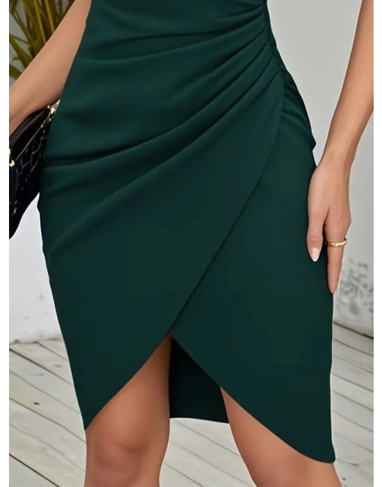 Kadın Kısa Kollu Kruvaze Yakalı Asımetrık Kesım Detaylı Kısa Ithal Krep Elbise