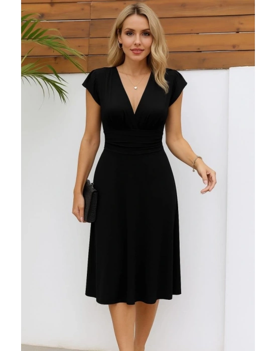 Kadın Kısa Kollu Kruvaze Yakalı Bel Korsajı Buzgulu Midi Janjan Krep Elbise