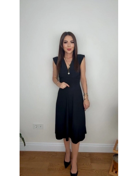 Kadın Kısa Kollu Kruvaze Yakalı Bel Korsajı Buzgulu Midi Janjan Krep Elbise