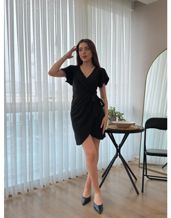 Kadın Kısa Kollu Kruvaze Yakalı Belden Bağlamalı Ithal Krep Elbise