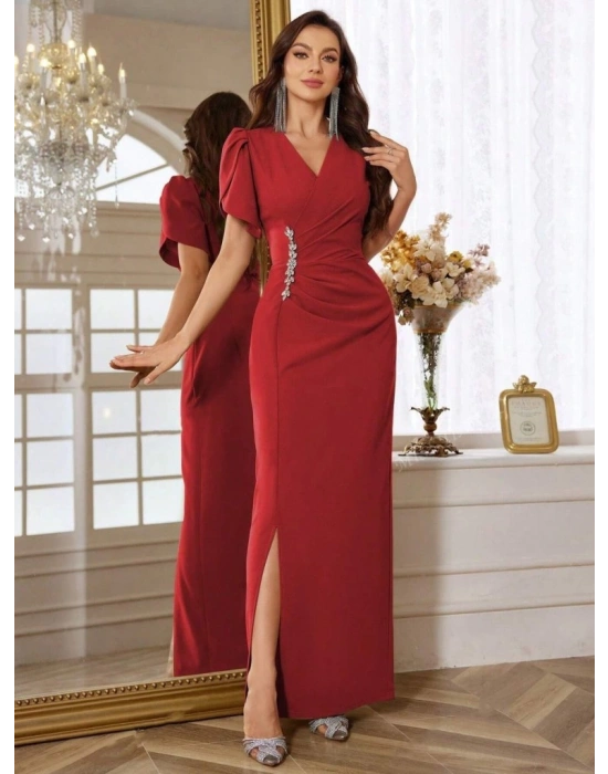 Kadın Kısa Kollu Kruvaze Yakalı Belden çiçek Aksesuarlı Yırtmaçlı Ithal Krep Elbise