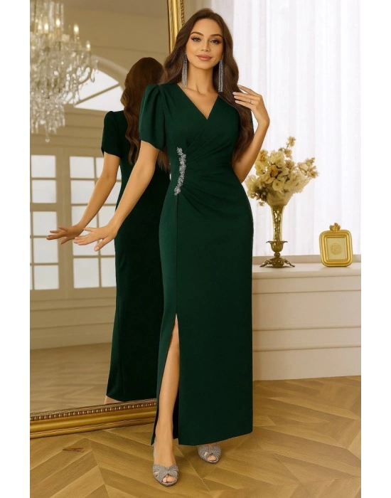 Kadın Kısa Kollu Kruvaze Yakalı Belden çiçek Aksesuarlı Yırtmaçlı Ithal Krep Elbise