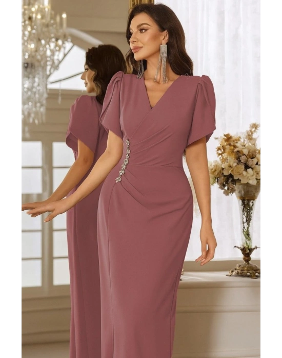 Kadın Kısa Kollu Kruvaze Yakalı Belden çiçek Aksesuarlı Yırtmaçlı Ithal Krep Elbise