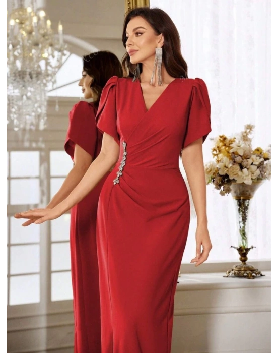 Kadın Kısa Kollu Kruvaze Yakalı Belden çiçek Aksesuarlı Yırtmaçlı Ithal Krep Elbise