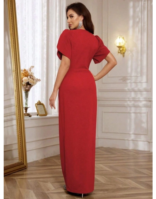 Kadın Kısa Kollu Kruvaze Yakalı Belden çiçek Aksesuarlı Yırtmaçlı Ithal Krep Elbise