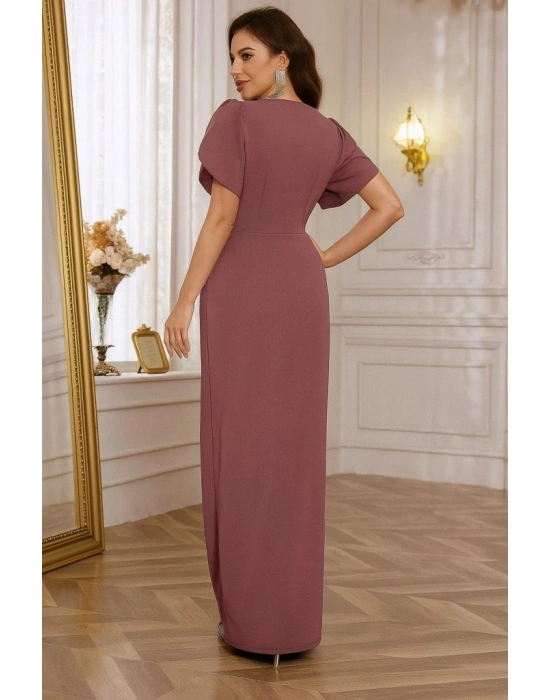 Kadın Kısa Kollu Kruvaze Yakalı Belden çiçek Aksesuarlı Yırtmaçlı Ithal Krep Elbise