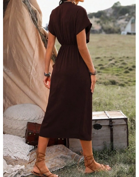 Kadın Kısa Kollu Kruvaze Yakalı Belden Kuşaklı Midi Dokuma Viskon