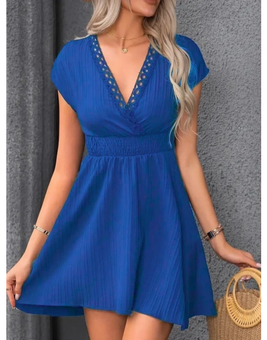 Kadın Kısa Kollu Kruvaze Yakalı Beli Lastikli Bürümcük Elbise