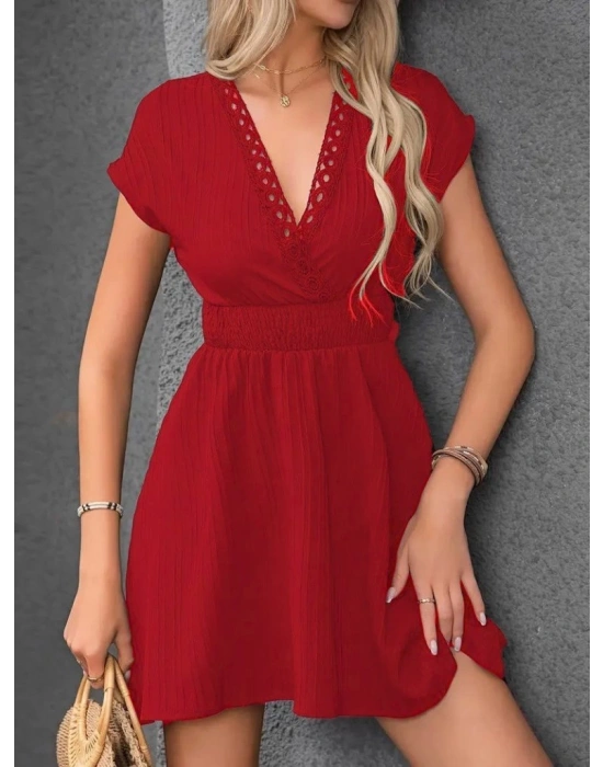 Kadın Kısa Kollu Kruvaze Yakalı Beli Lastikli Bürümcük Elbise