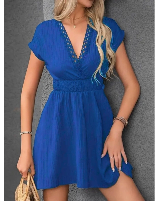 Kadın Kısa Kollu Kruvaze Yakalı Beli Lastikli Bürümcük Elbise