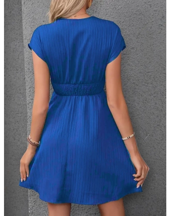 Kadın Kısa Kollu Kruvaze Yakalı Beli Lastikli Bürümcük Elbise
