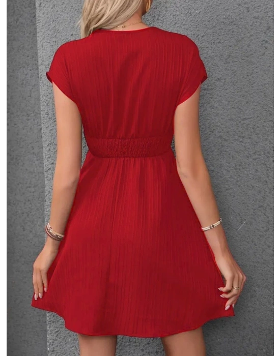 Kadın Kısa Kollu Kruvaze Yakalı Beli Lastikli Bürümcük Elbise