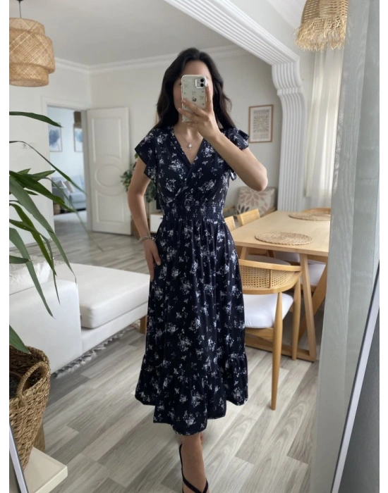 Kadın Kısa Kollu Kruvaze Yakalı Beli Lastikli çiçek Desenli Elbise