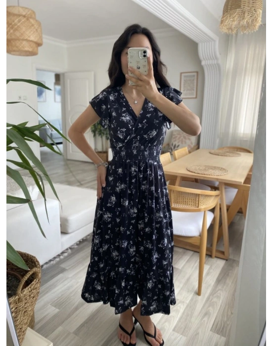 Kadın Kısa Kollu Kruvaze Yakalı Beli Lastikli çiçek Desenli Elbise