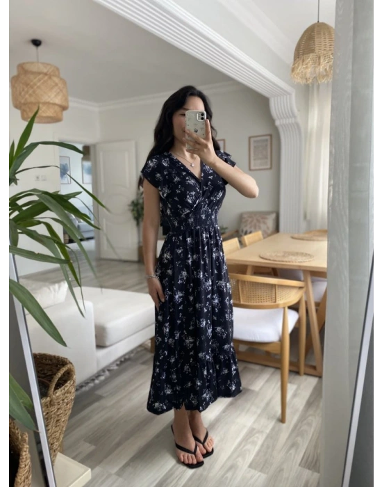 Kadın Kısa Kollu Kruvaze Yakalı Beli Lastikli çiçek Desenli Elbise