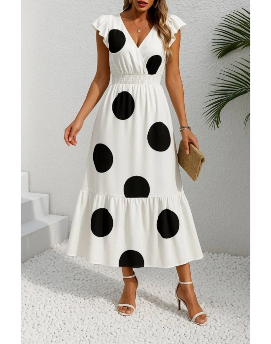 Kadın Kısa Kollu Kruvaze Yakalı Beli Lastikli Desenli Maksi Boy örme Krep Elbise