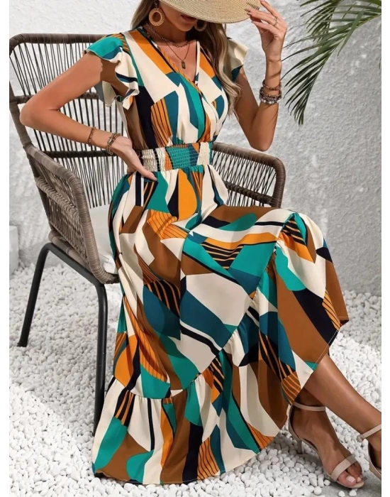 Kadın Kısa Kollu Kruvaze Yakalı Beli Lastikli Desenli Maksi Boy Süprem Elbise