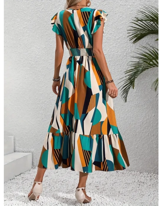Kadın Kısa Kollu Kruvaze Yakalı Beli Lastikli Desenli Maksi Boy Süprem Elbise