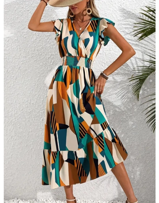 Kadın Kısa Kollu Kruvaze Yakalı Beli Lastikli Desenli Maksi Boy Süprem Elbise