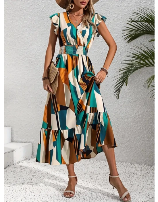 Kadın Kısa Kollu Kruvaze Yakalı Beli Lastikli Desenli Maksi Boy Süprem Elbise