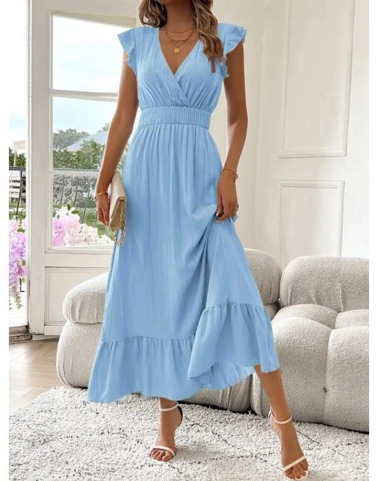 Kadın Kısa Kollu Kruvaze Yakalı Beli Lastikli Müslim Elbise