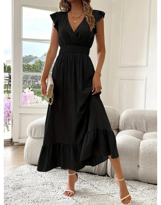 Kadın Kısa Kollu Kruvaze Yakalı Beli Lastikli Müslim Elbise