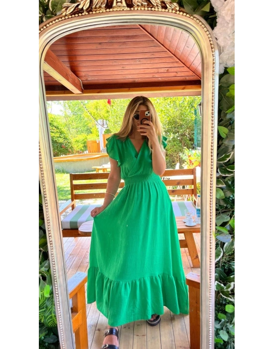 Kadın Kısa Kollu Kruvaze Yakalı Beli Lastikli Müslim Elbise