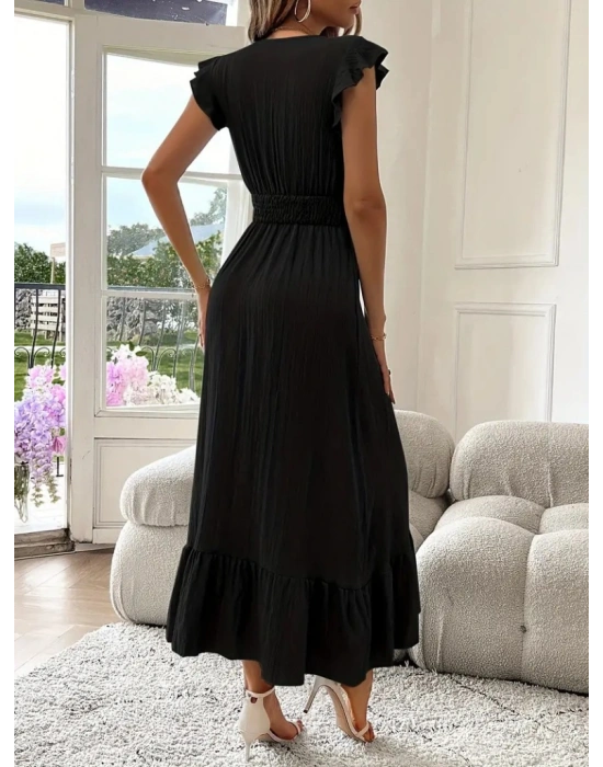 Kadın Kısa Kollu Kruvaze Yakalı Beli Lastikli Müslim Elbise