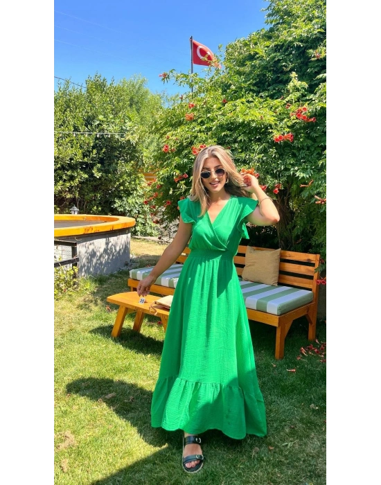 Kadın Kısa Kollu Kruvaze Yakalı Beli Lastikli Müslim Elbise