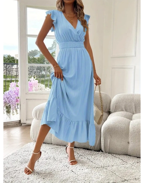 Kadın Kısa Kollu Kruvaze Yakalı Beli Lastikli Müslim Elbise