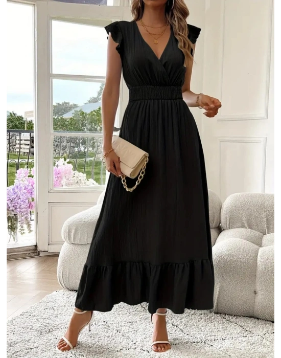 Kadın Kısa Kollu Kruvaze Yakalı Beli Lastikli Müslim Elbise