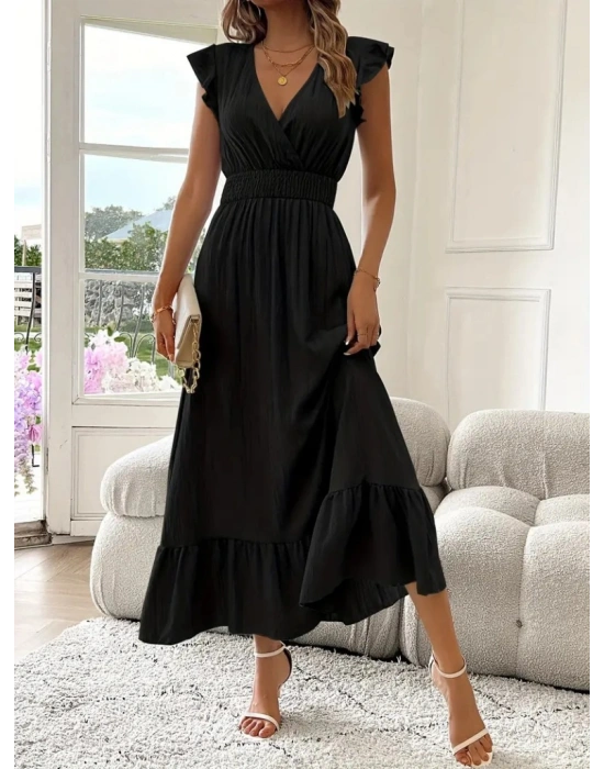 Kadın Kısa Kollu Kruvaze Yakalı Beli Lastikli Müslim Elbise