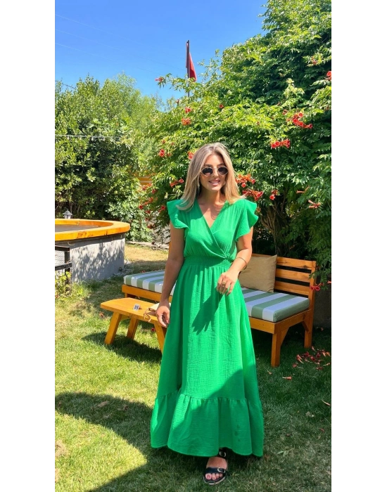 Kadın Kısa Kollu Kruvaze Yakalı Beli Lastikli Müslim Elbise