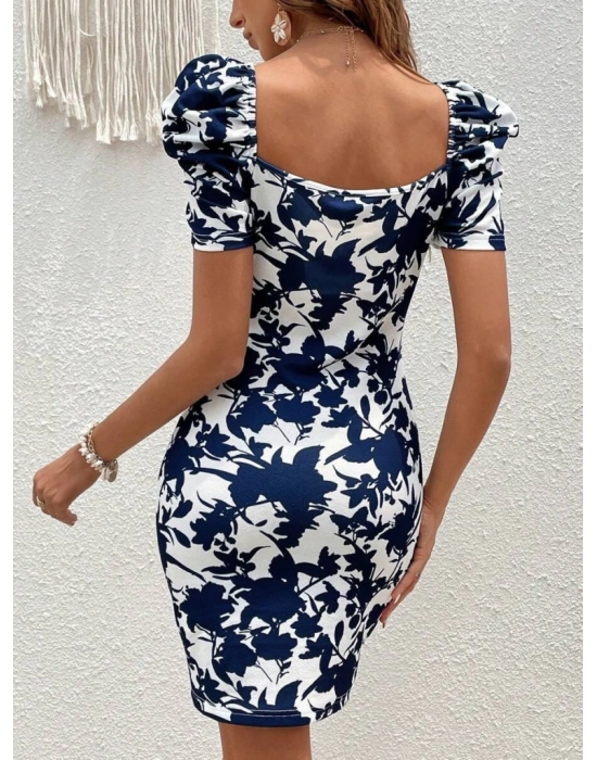 Kadın Kısa Kollu Kruvaze Yakalı çiçek Baskılı Süprem Elbise