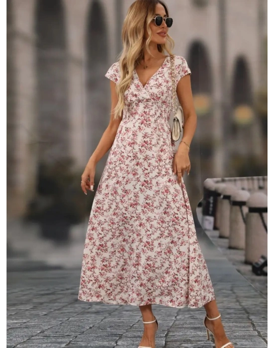 Kadın Kısa Kollu Kruvaze Yakalı çiçek Desenli Belden Lastikli Süprem Uzun Elbise