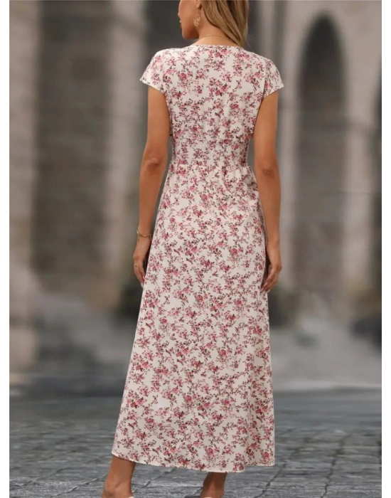 Kadın Kısa Kollu Kruvaze Yakalı çiçek Desenli Belden Lastikli Süprem Uzun Elbise