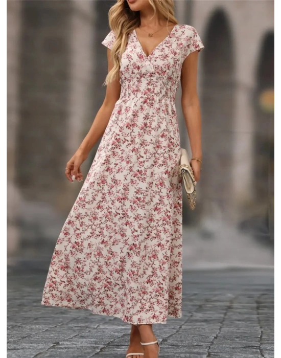 Kadın Kısa Kollu Kruvaze Yakalı çiçek Desenli Belden Lastikli Süprem Uzun Elbise