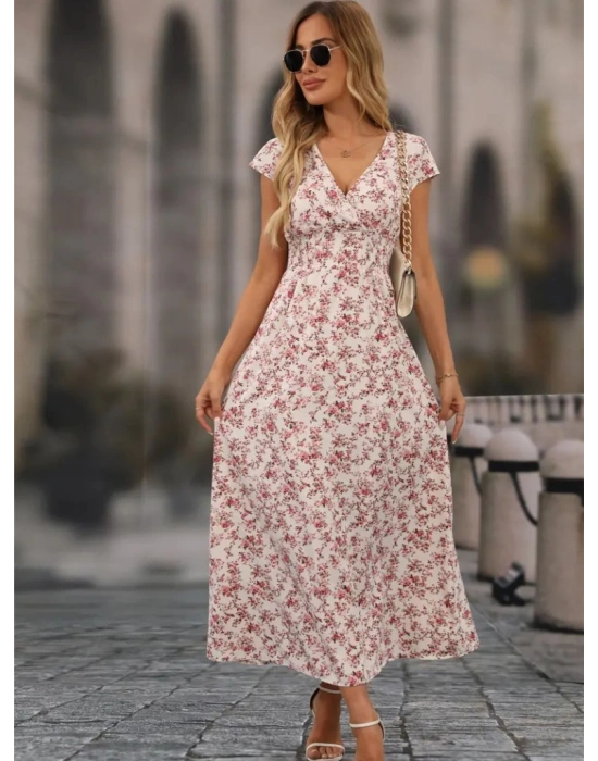 Kadın Kısa Kollu Kruvaze Yakalı çiçek Desenli Belden Lastikli Süprem Uzun Elbise