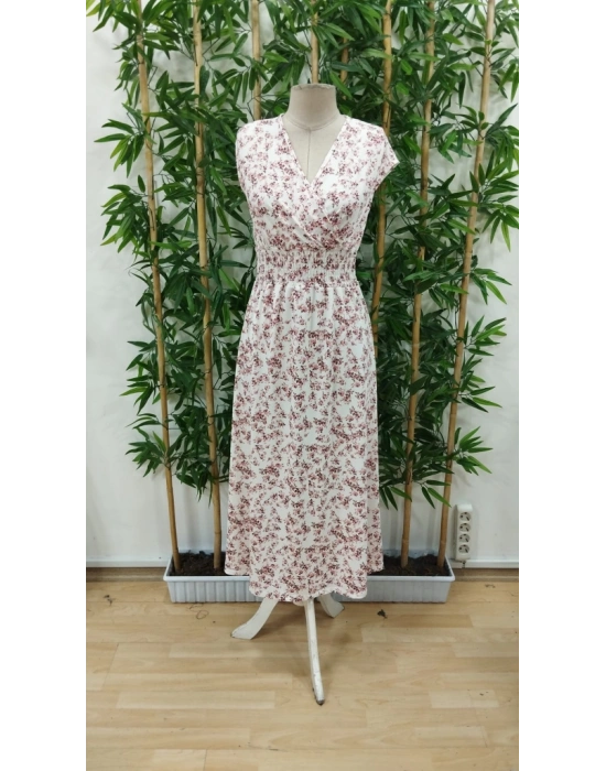 Kadın Kısa Kollu Kruvaze Yakalı çiçek Desenli Belden Lastikli Süprem Uzun Elbise