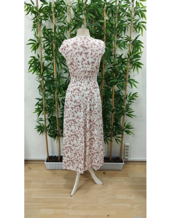 Kadın Kısa Kollu Kruvaze Yakalı çiçek Desenli Belden Lastikli Süprem Uzun Elbise