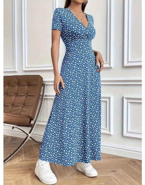 Kadın Kısa Kollu Kruvaze Yakalı çiçek Desenli Süprem Elbise